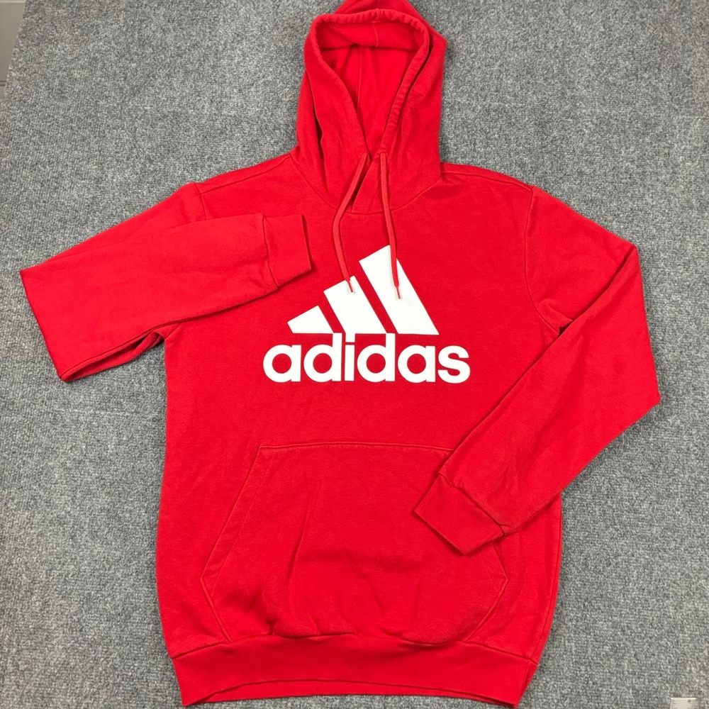 Adidas Mens Size Medium Badge of Sport Pullover Hoodie Red White Logo Fleece